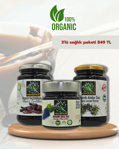 3'lü Sağlık Paketi - %100 Organik - Keçiboynuzu Özü 370 ML & Andız Özü 370 ML & Şiraz Özü 255 ML